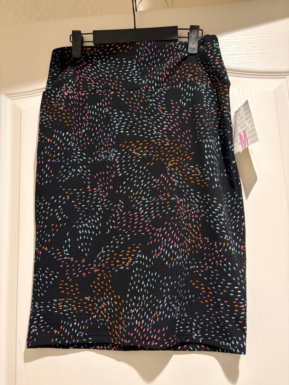 LuLaRoe Black Pencil Skirt with Multicolor Dash Print